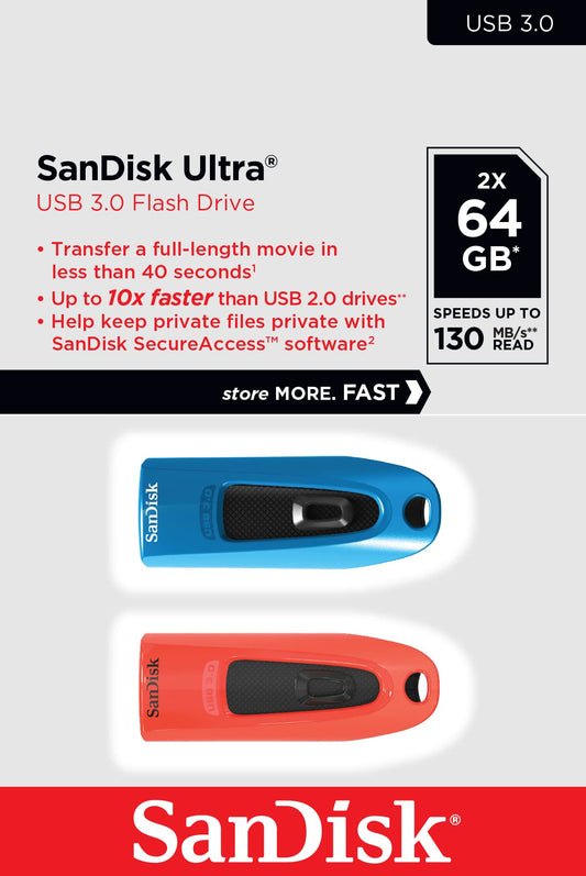 SanDisk Ultra 32 GB USB Flash Drive USB 3.0 Up to 130 MB/s Read - Twin Pack, Red/Blue