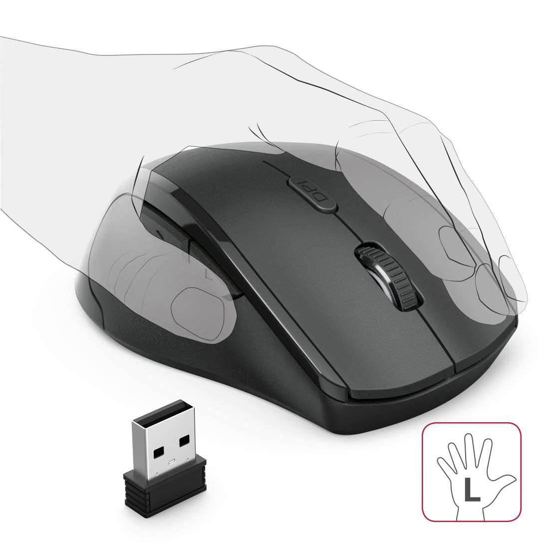 Hama Maus kabellos für Linkshänder ergonomisch (Linkshänder-Maus ohne Kabel, Wireless Funkmaus, USB Empfänger, vertikal, 800-1600 dpi, 3 Tasten inkl. Browser-Tasten, 2,4 GHz) schwarz